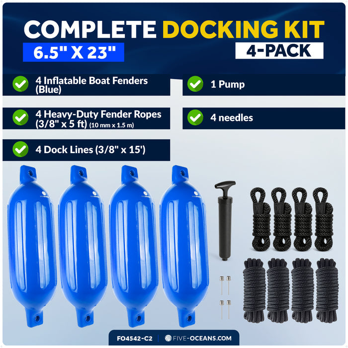 Boat Docking Kit - 6.5" x 23" Blue Fenders & Dock Lines, 4-Pack