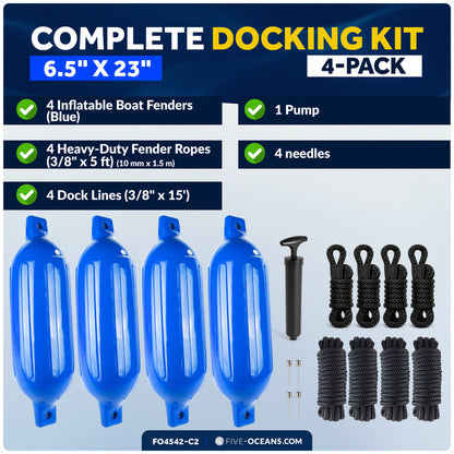Boat Docking Kit - 6.5" x 23" Blue Fenders & Dock Lines, 4-Pack