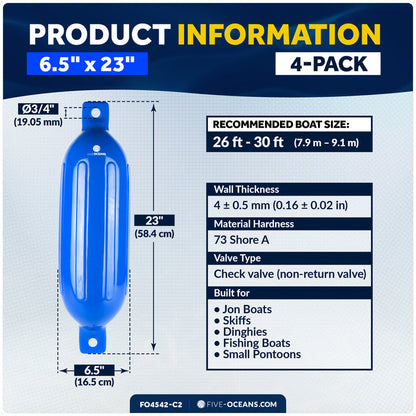 Boat Docking Kit - 6.5" x 23" Blue Fenders & Dock Lines, 4-Pack