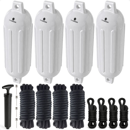 Boat Docking Kit - 6.5" x 23" White Fenders & Dock Lines, 4-Pack