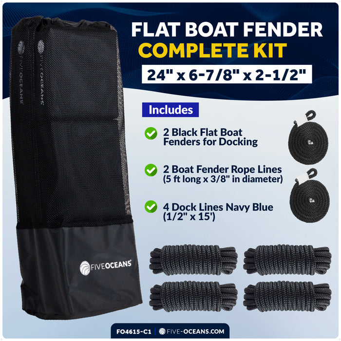 Boat Docking Kit - Black Flat Fenders & Dock Lines, 2-Pack - FO4615-C1 - Five Oceans