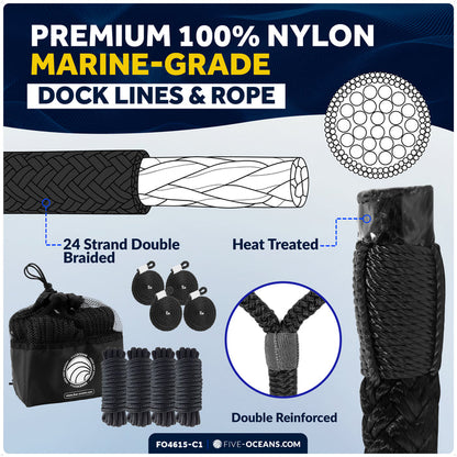 Boat Docking Kit - Black Flat Fenders & Dock Lines, 2-Pack - FO4615-C1 - Five Oceans
