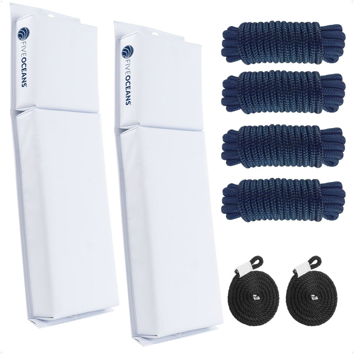 Boat Docking Kit - White Flat Fenders & Dock Lines, 2-Pack - FO4614-C1 - Five Oceans