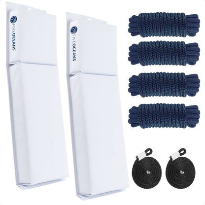 Boat Docking Kit - White Flat Fenders & Dock Lines, 2-Pack - FO4614-C1 - Five Oceans