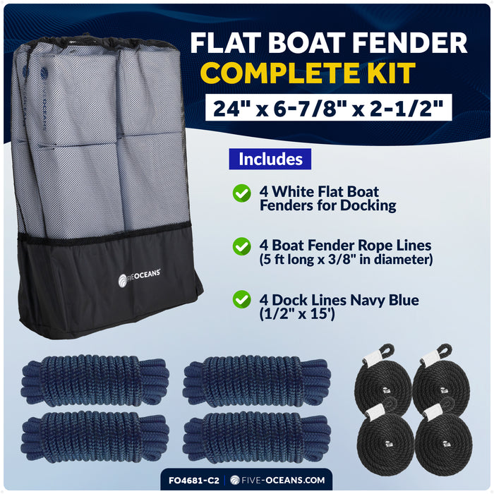 Boat Docking Kit - White Flat Fenders & Dock Lines, 4-Pack - FO4681-C2 - Five Oceans