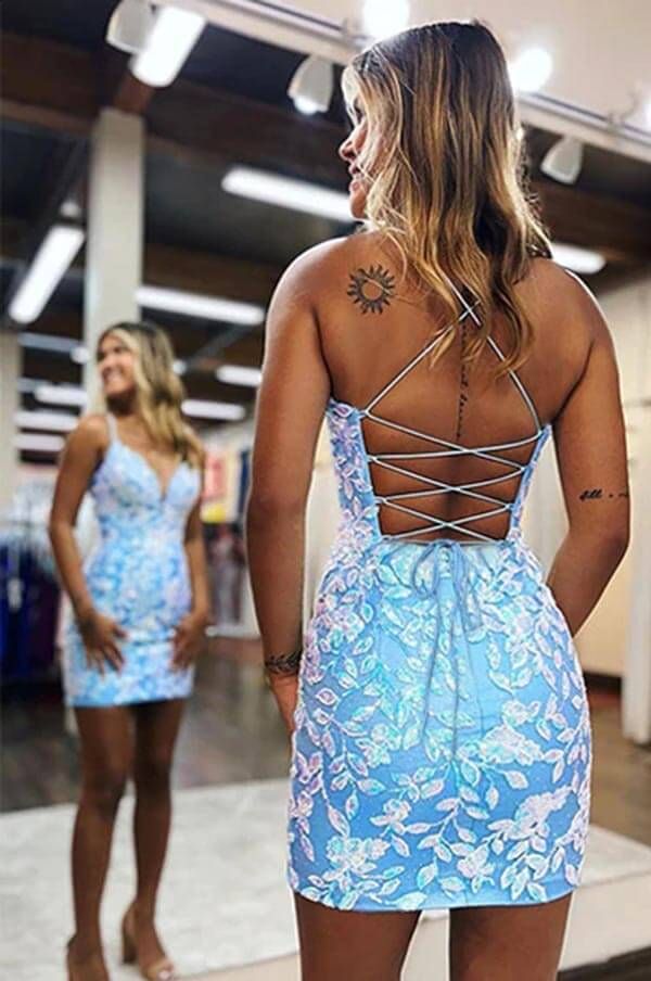 Bodycon Spaghetti Straps Party Dress Homecoming Dresses With Aqqliques