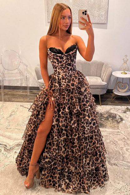 Bold Leopard Sweetheart Corset Prom Dress with Layered Ruffle Skirt