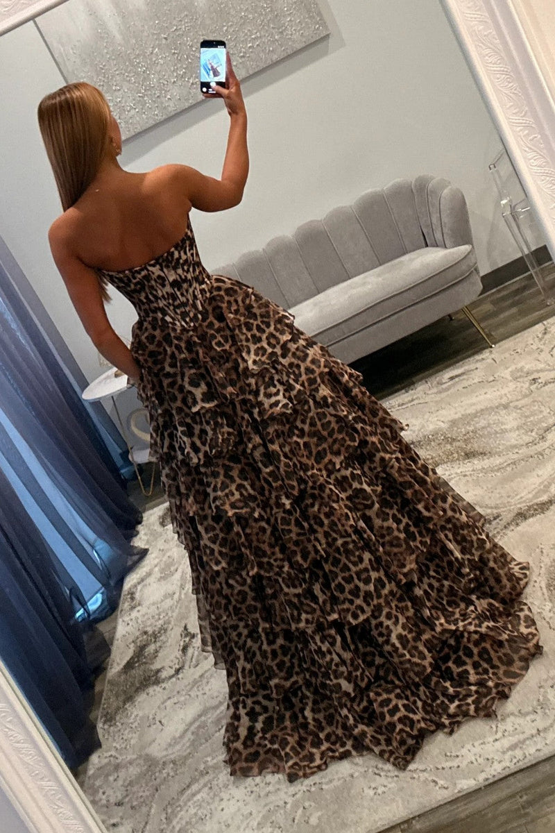 Bold Leopard Sweetheart Corset Prom Dress with Layered Ruffle Skirt