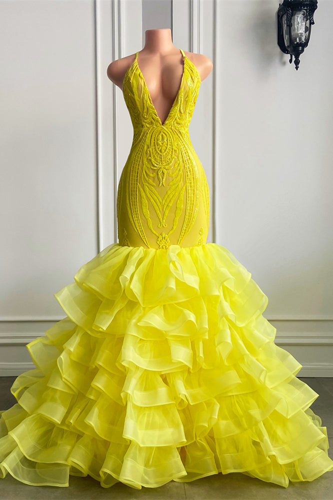Bright Yellow V Neck Halter Mermaid Prom Dress withes