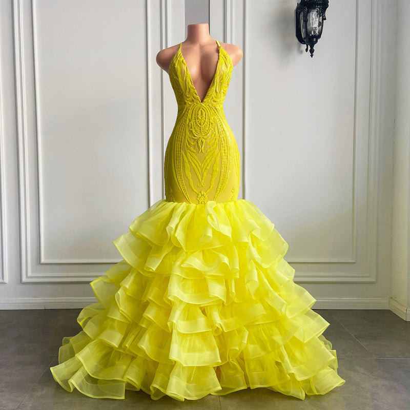 Bright Yellow V Neck Halter Mermaid Prom Dress withes
