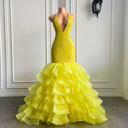 Bright Yellow V Neck Halter Mermaid Prom Dress withes