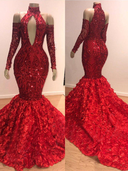 Burgundy High Collar Sequin Prom Dress Mermaid with Long Sleeve