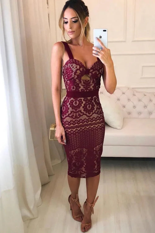 Burgundy Lace Sheath Tight Knee Length Homecoming Dresses