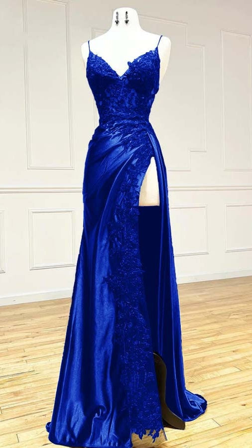 Burgundy Mermaid Appliques Long Prom Dresses Spaghetti Straps Evening Party Dress With Slit,AST2102