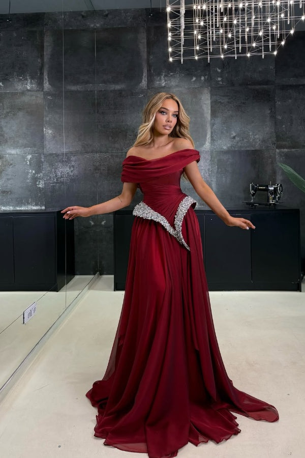 Burgundy Off-Shoulders A-Line Pleated Prom Dress with Beadings