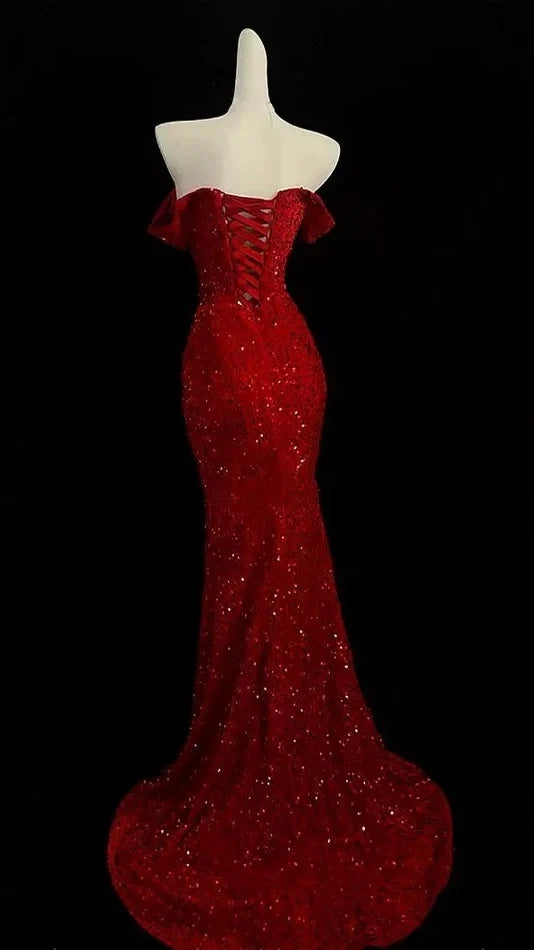 Burgundy Red Sequin Mermaid Prom Dresses Long Evening Party Dress,AST2131