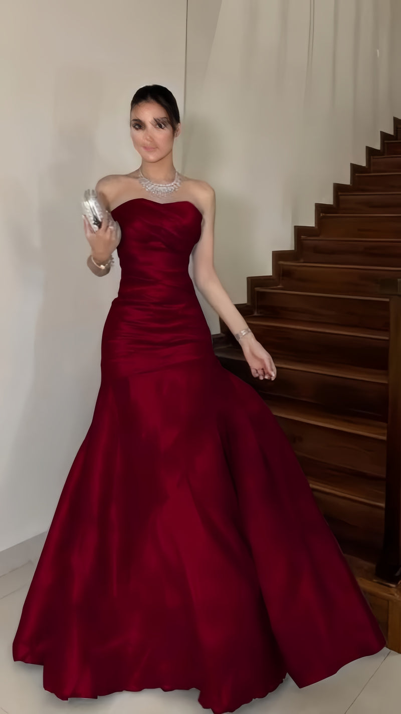 Burgundy Strapless Bodycon Long Prom Dresses Satin Formal Outfits,AST2310