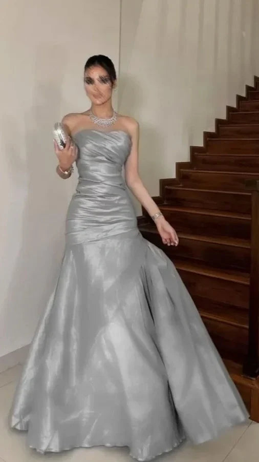 Burgundy Strapless Bodycon Long Prom Dresses Satin Formal Outfits,AST2310