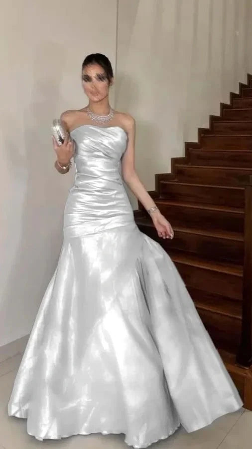 Burgundy Strapless Bodycon Long Prom Dresses Satin Formal Outfits,AST2310