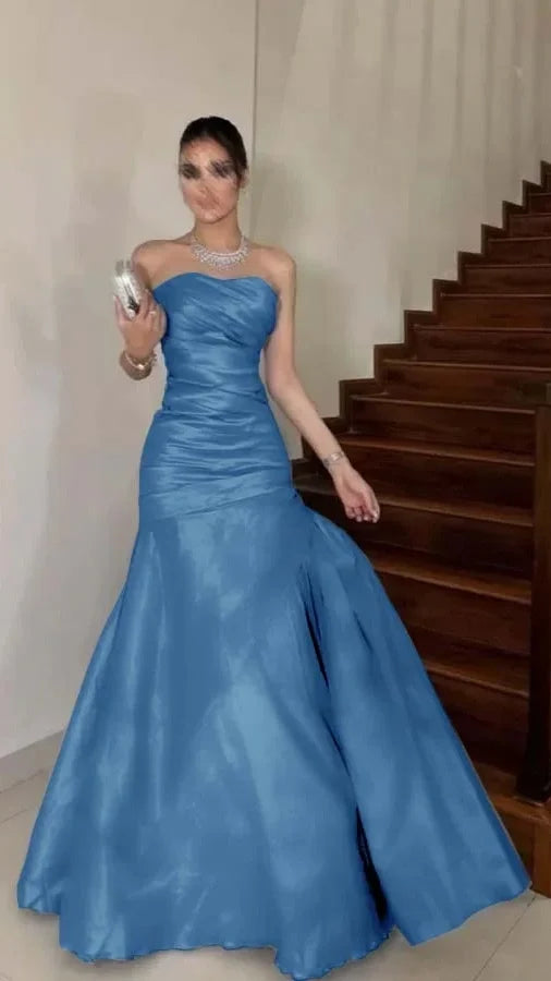 Burgundy Strapless Bodycon Long Prom Dresses Satin Formal Outfits,AST2310