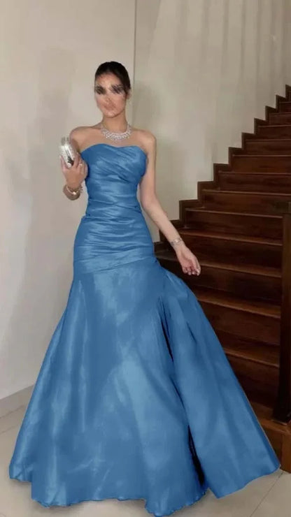 Burgundy Strapless Bodycon Long Prom Dresses Satin Formal Outfits,AST2310