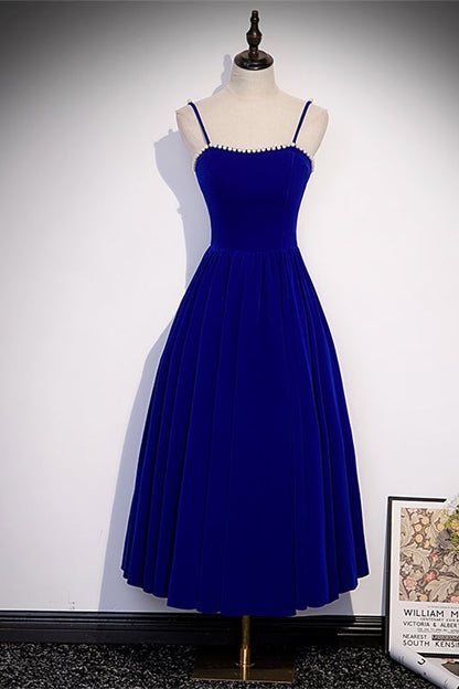 Burgundy Velvet A-line Midi Dress with Spaghetti Straps