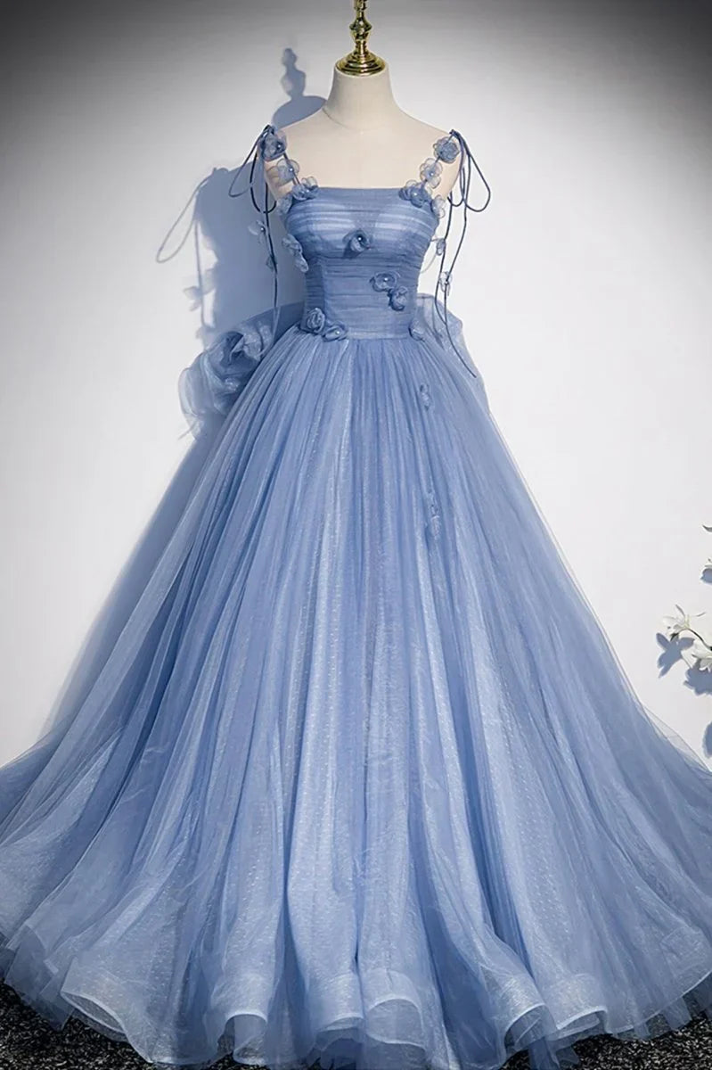 Busty Bluetti Strap Straight Across Prom Dress Sheer with Bow Knot