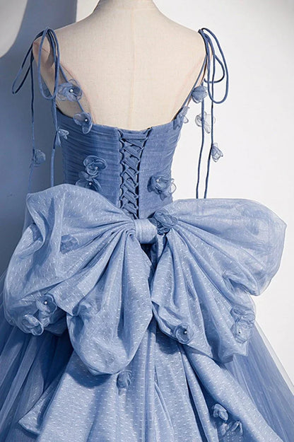 Busty Bluetti Strap Straight Across Prom Dress Sheer with Bow Knot