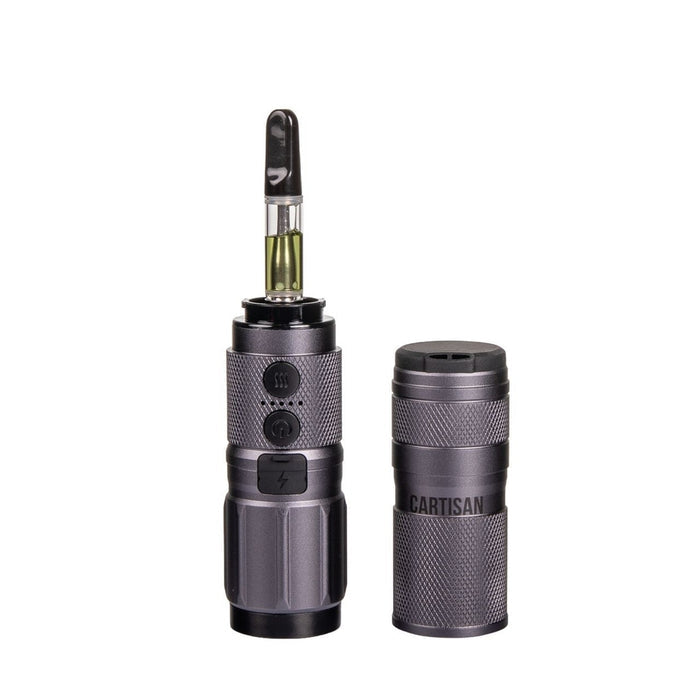 Compact gray Cartisan High Beam Vape Cartridge Battery with a built-in flashlight, featuring a 510 connector and knurled grip.