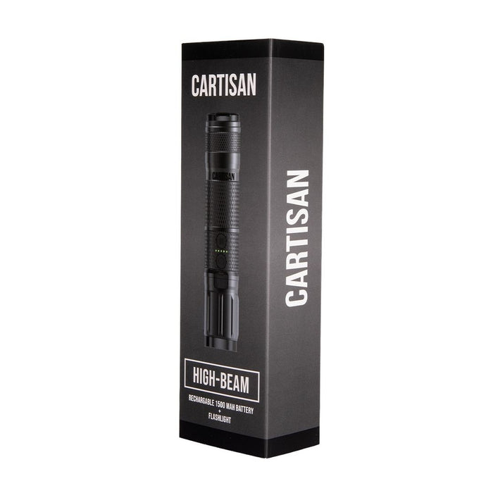 Cartisan High Beam Vape Cartridge Battery featuring a knurled aluminum body, integrated flashlight, and LED display.