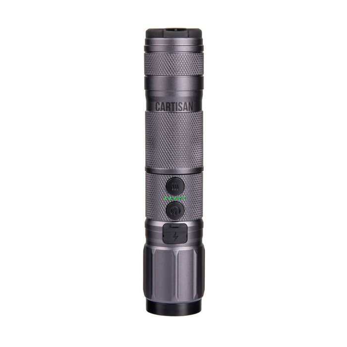 Cartisan High Beam Vape Cartridge Battery in metallic gray with a knurled design, featuring buttons and an integrated flashlight.