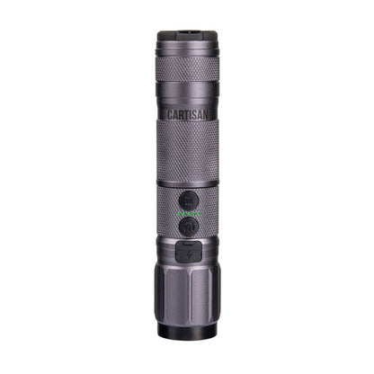 Cartisan High Beam Vape Cartridge Battery in metallic gray with a knurled design, featuring buttons and an integrated flashlight.
