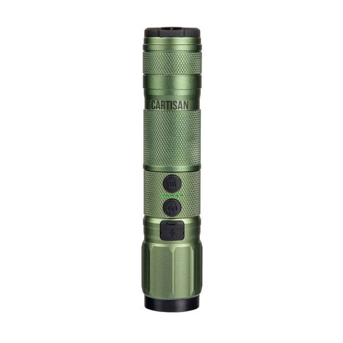Cartisan High Beam Vape Cartridge Battery in green aluminum with knurled grip; features buttons and flashlight at the base.
