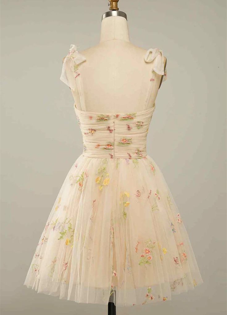 Champagne A-line Bow Tie Straps Pleated Applique Mini Homecoming Dress