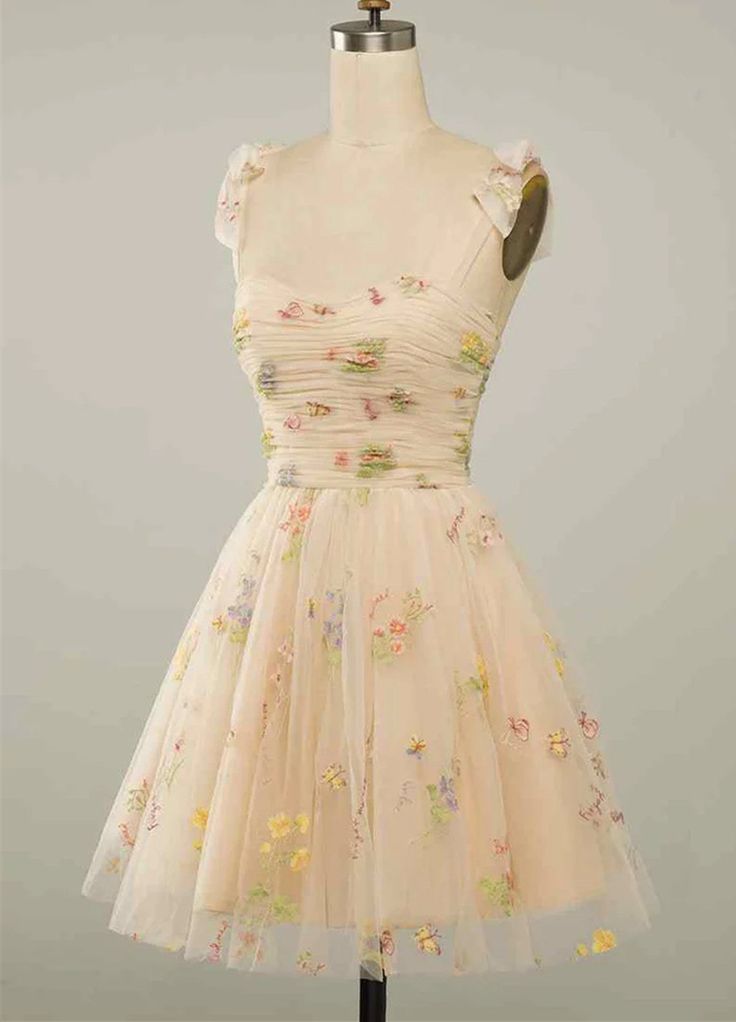 Champagne A-line Bow Tie Straps Pleated Applique Mini Homecoming Dress