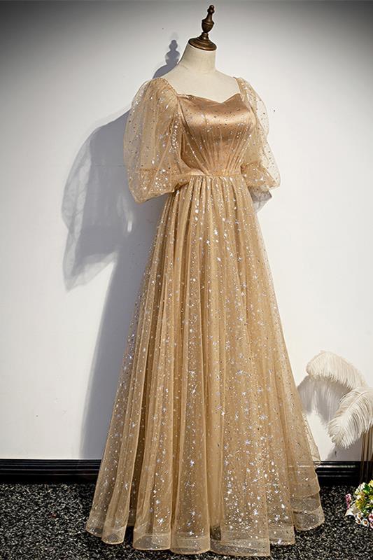 Champagne A-line Tulle Long Formal Dress with Short Bell Sleeves