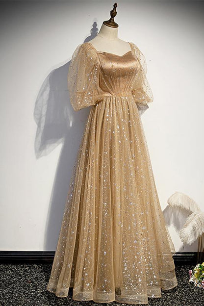 Champagne A-line Tulle Long Formal Dress with Short Bell Sleeves