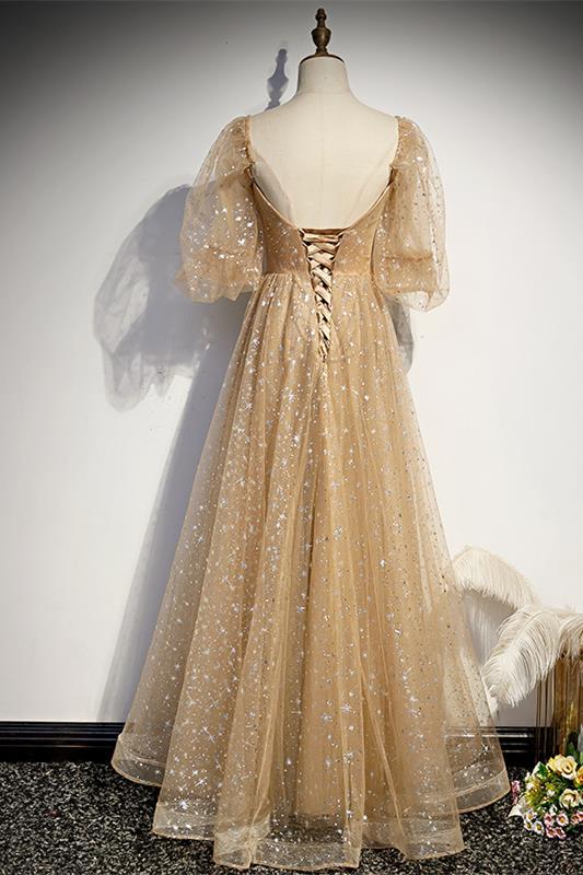 Champagne A-line Tulle Long Formal Dress with Short Bell Sleeves