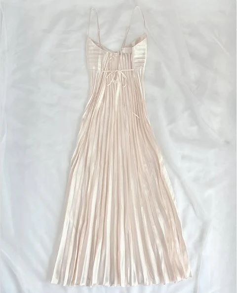 Champagne Spaghetti Straps Long Prom Dress Pleated Evening Dress