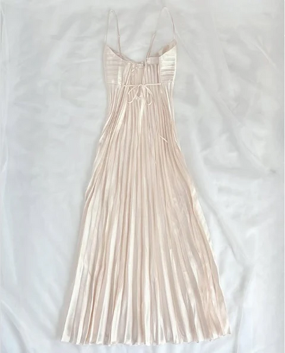 Champagne Spaghetti Straps Long Prom Dress Pleated Evening Dress