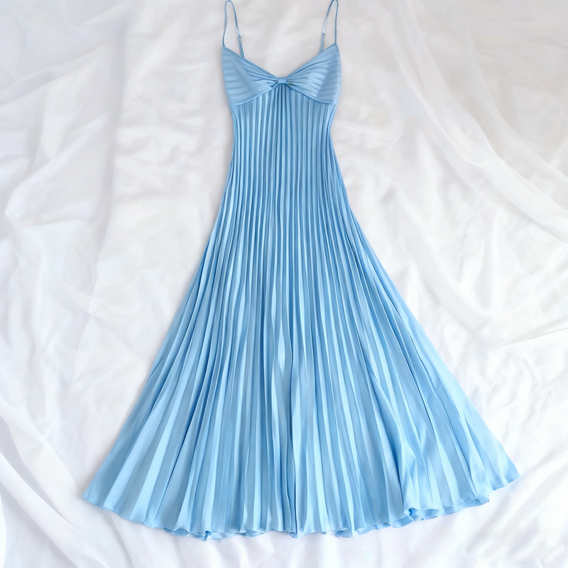 Champagne Spaghetti Straps Long Prom Dress Pleated Evening Dress
