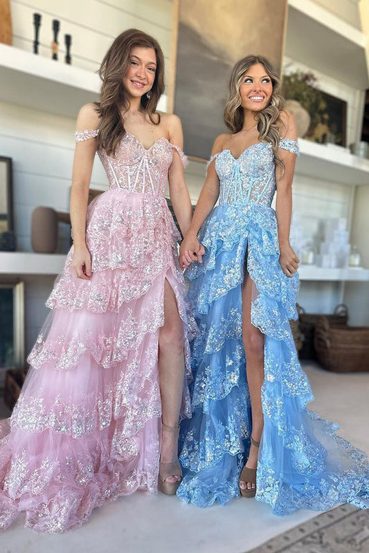Charming A Line Off the Shoulder Pink Tulle Prom Dresses with Sequins Lace