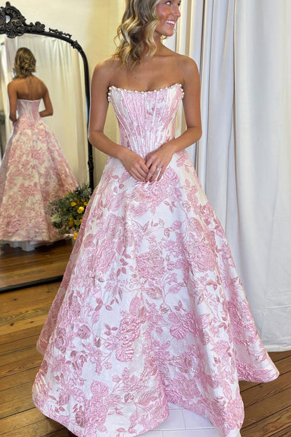 Charming A-Line Pink Jacquard Satin Corset Long Prom Dresses with Pearls