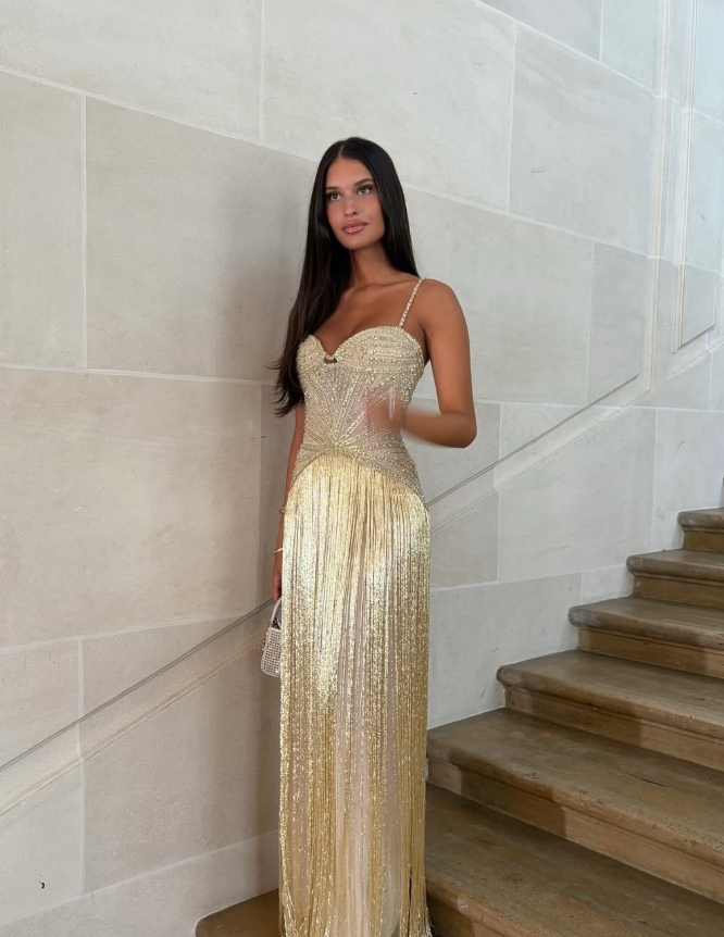 Charming A Line Spaghetti Straps Tassel Golden Beaded Satin Long Prom Dress