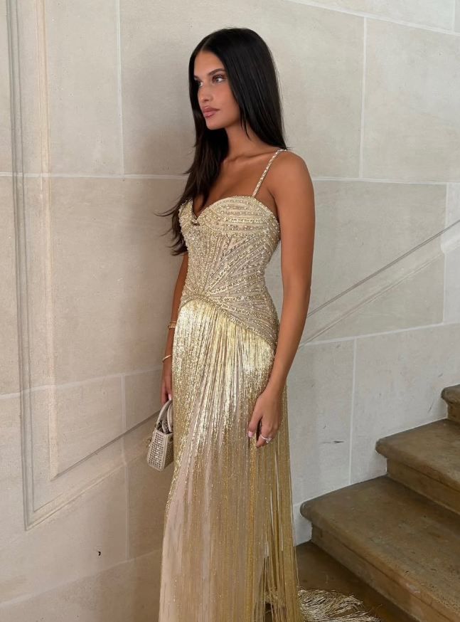 Charming A Line Spaghetti Straps Tassel Golden Beaded Satin Long Prom Dress
