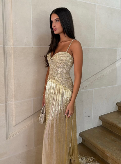 Charming A Line Spaghetti Straps Tassel Golden Beaded Satin Long Prom Dress