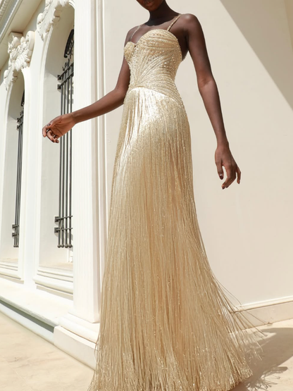 Charming A Line Spaghetti Straps Tassel Golden Beaded Satin Long Prom Dress