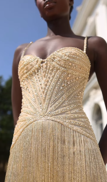 Charming A Line Spaghetti Straps Tassel Golden Beaded Satin Long Prom Dress