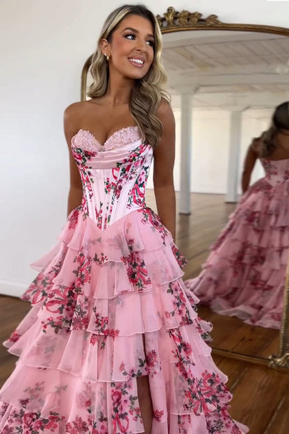 Charming A Line Sweetheart Blush Printed Chiffon Long Prom Dresses