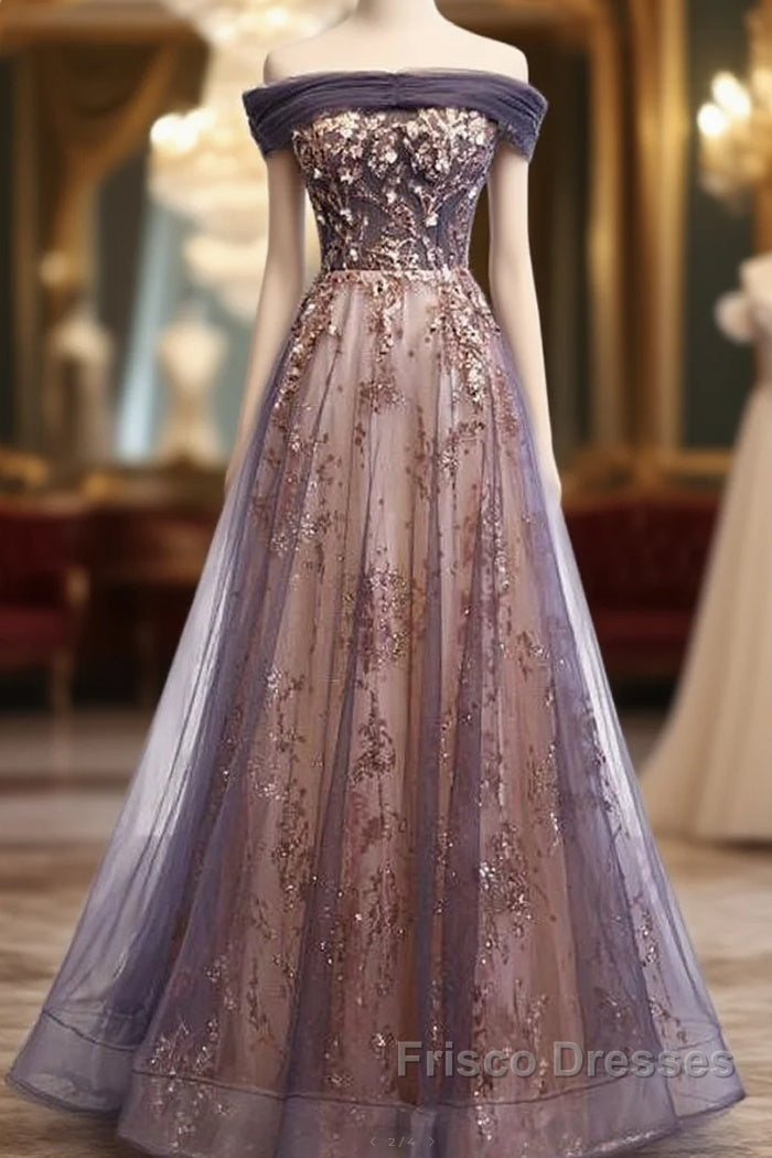Charming A-Line Tulle Long Off Shoulder Party Dress, Formal Prom Dress
